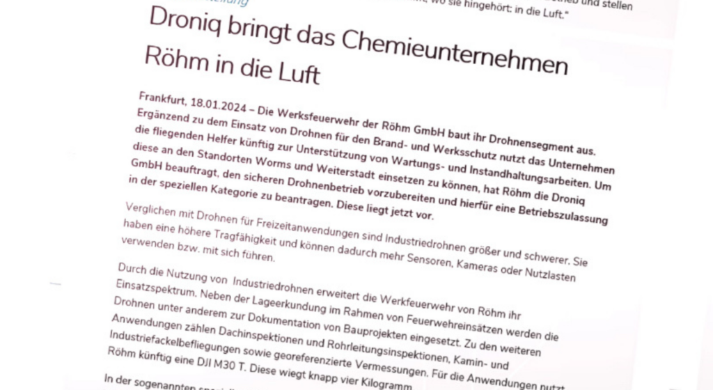 Pressemitteilung | Droniq bringt das Chemieunternehmen Röhm in die Luft