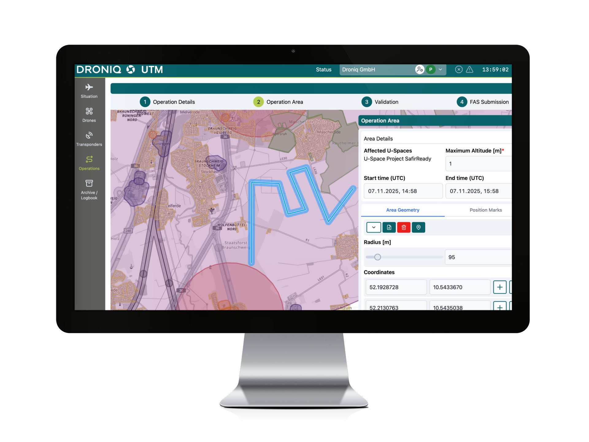 Darstellung des Droniq UAS Traffic Management Systems (UTM) zur sicheren und effizienten Steuerung von Drohnen im U-Space – mit Live-Luftlage, Flugrouten und Echtzeitüberwachung.