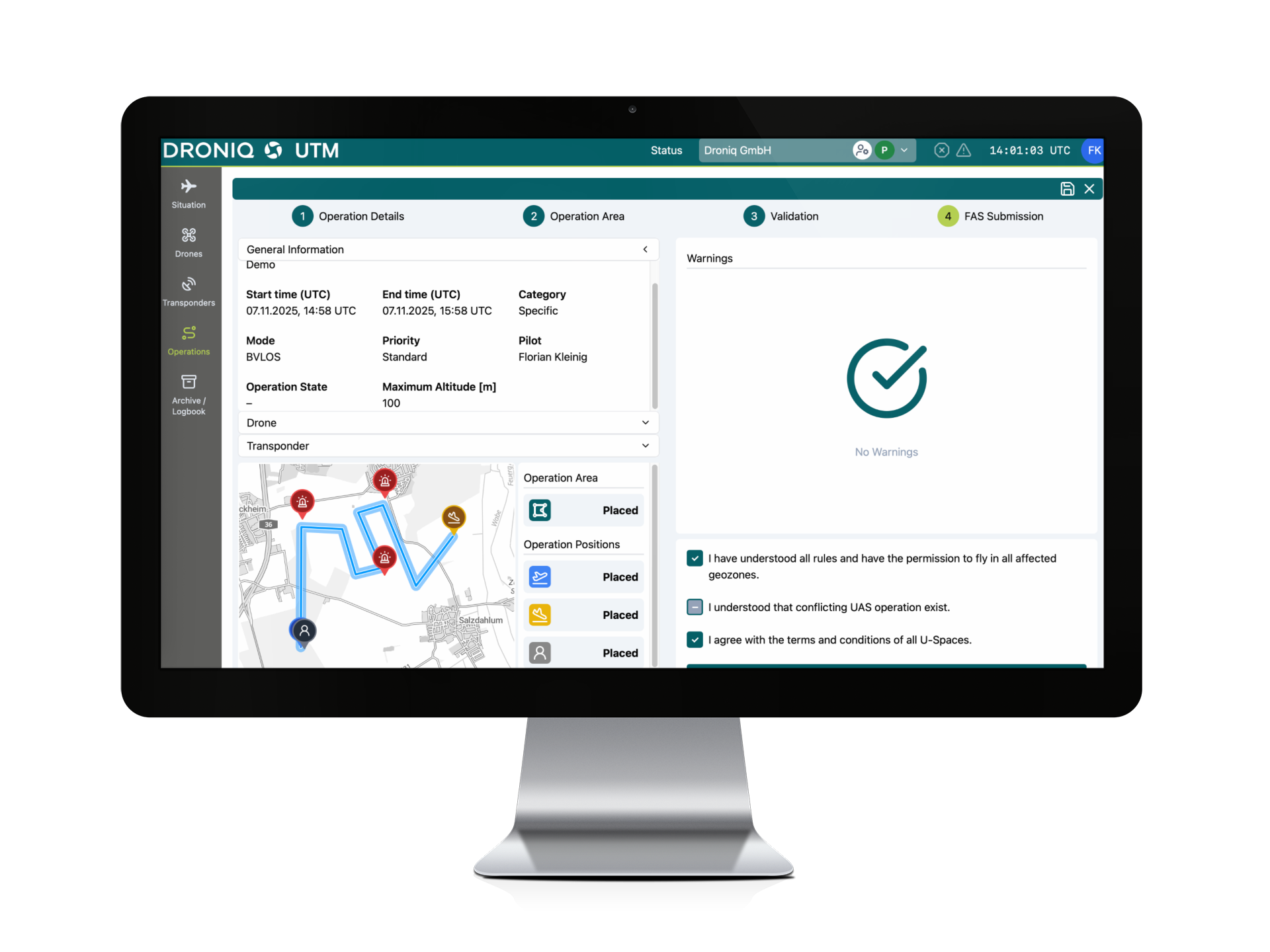 Darstellung des Droniq UAS Traffic Management Systems (UTM) zur sicheren und effizienten Steuerung von Drohnen im U-Space – mit Live-Luftlage, Flugrouten und Echtzeitüberwachung.